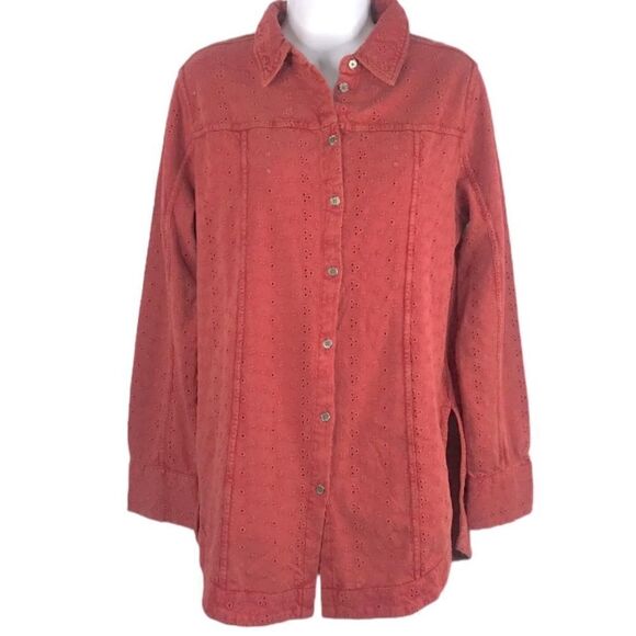 Soft Surroundings Sunwashed Eyelet Rust Red Inez Button Up Blouse Top Size S - Picture 1 of 6